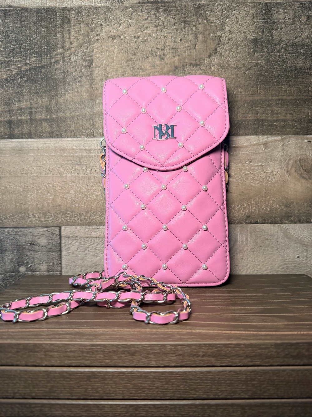 Badgley Mischka Quilted Pink Pearl-Stud Crossbody Phone Bag